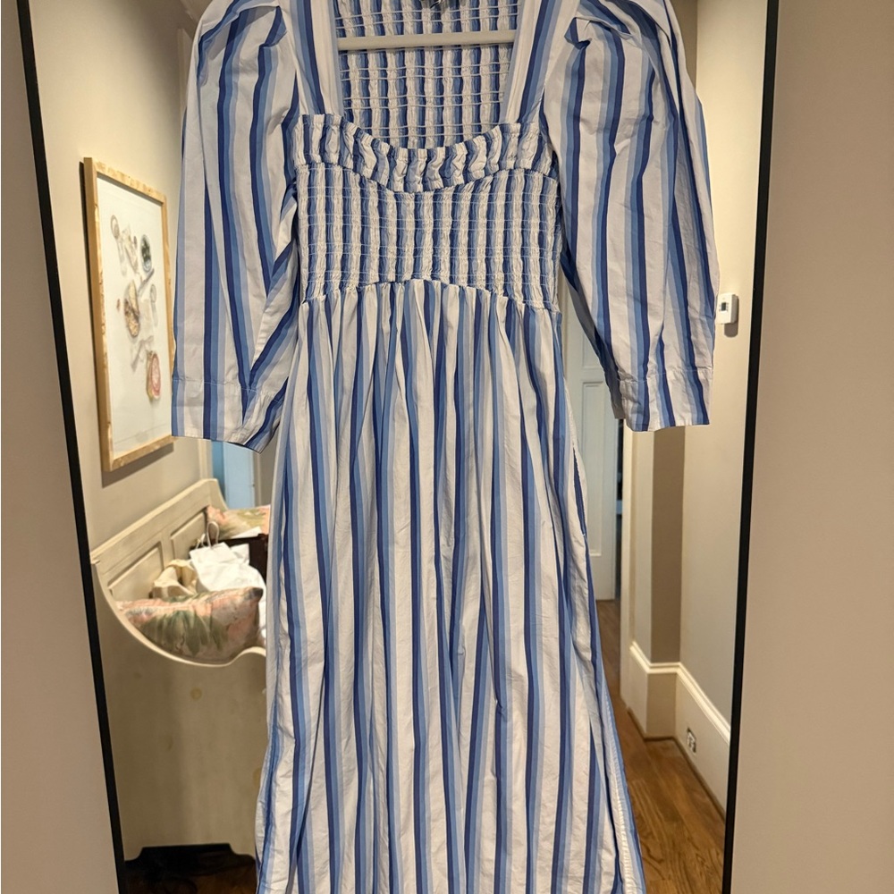 GANNI Blue Striped Cotton Smock Midi Dress